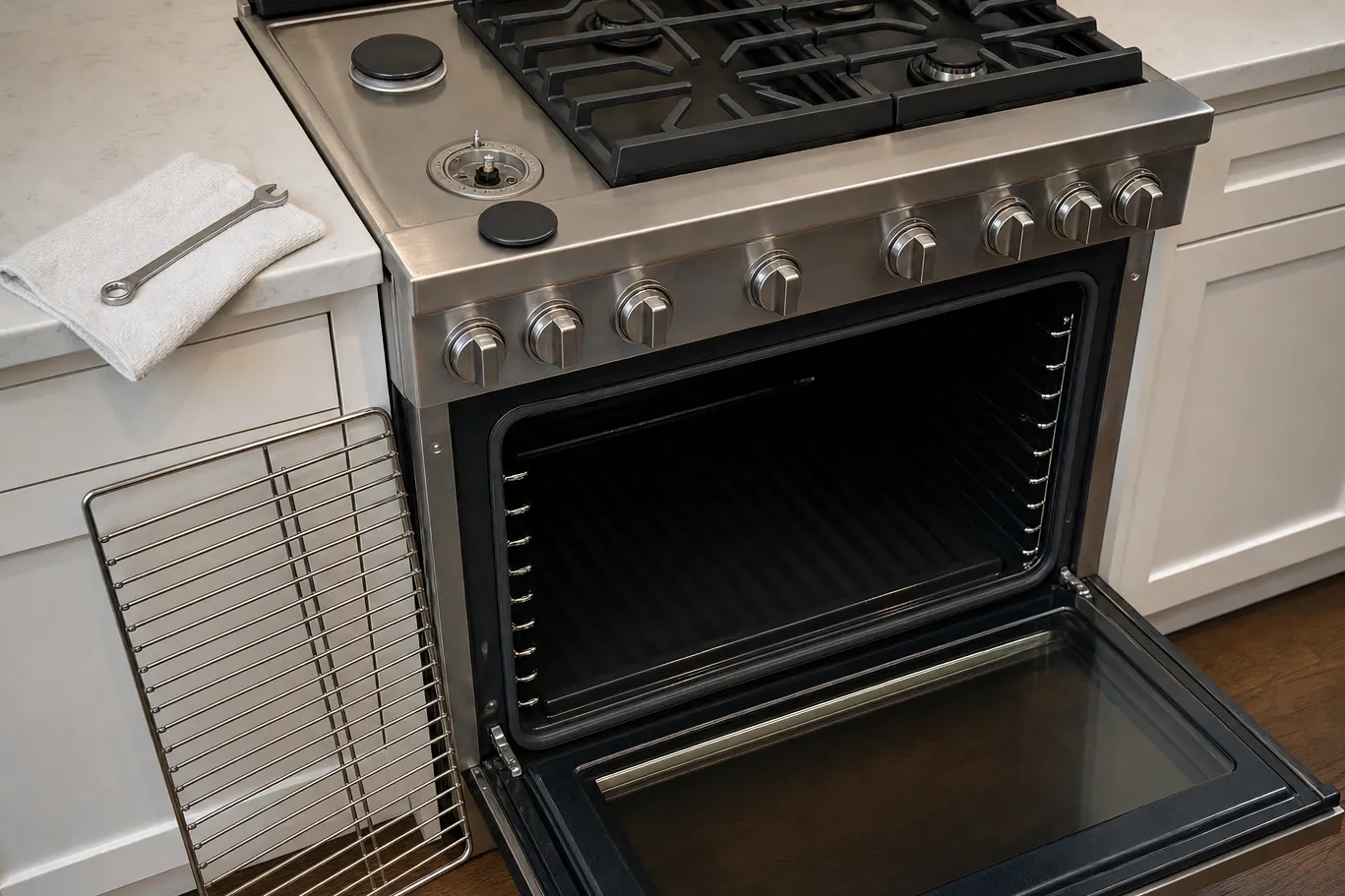 Stainless range in a white kitchen with one burner stripped to its base, two burner caps set on the cooktop and a wrench on a folded towel